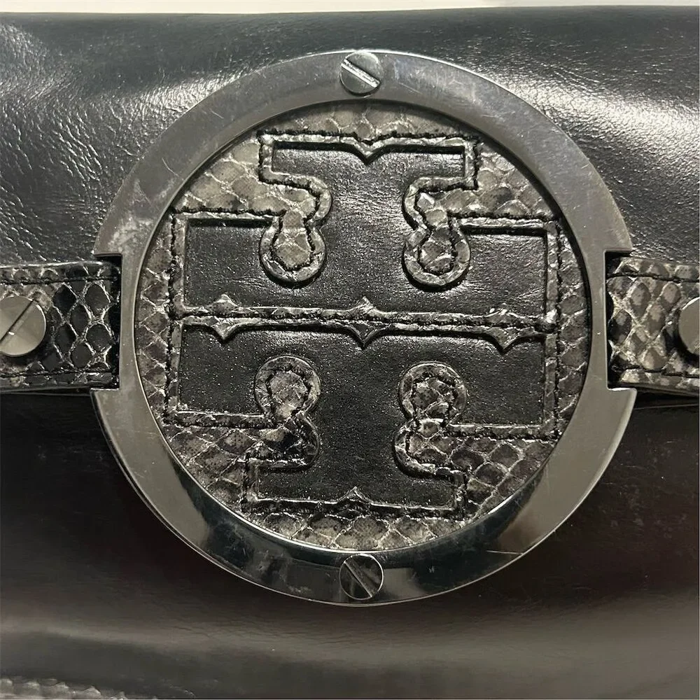 Tory Burch Women's Black Leather Clutch‎ with Snakeskin Trim